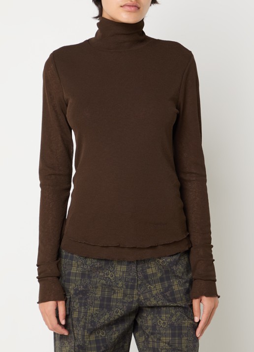 Ganni Semi-transparante top van mesh met geschulpte zoom - detail 4 bruin