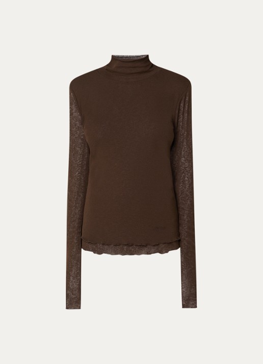 Ganni Semi-transparante top van mesh met geschulpte zoom - voorkant 2 bruin