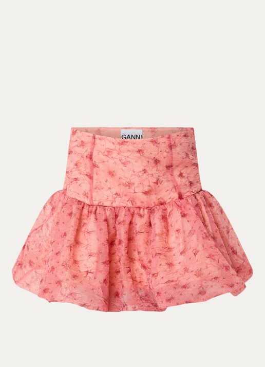 Ganni Shibori mid waist mini rok van mesh - voorkant zalmroze