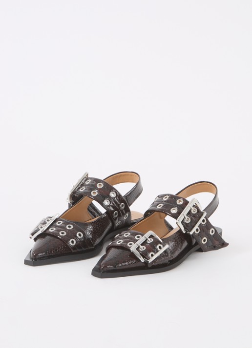 Ganni Slingback van leer met slangenprint - detail 3 bordeauxrood
