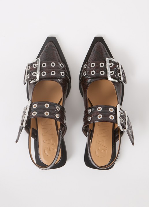 Ganni Slingback van leer met slangenprint - detail 4 bordeauxrood