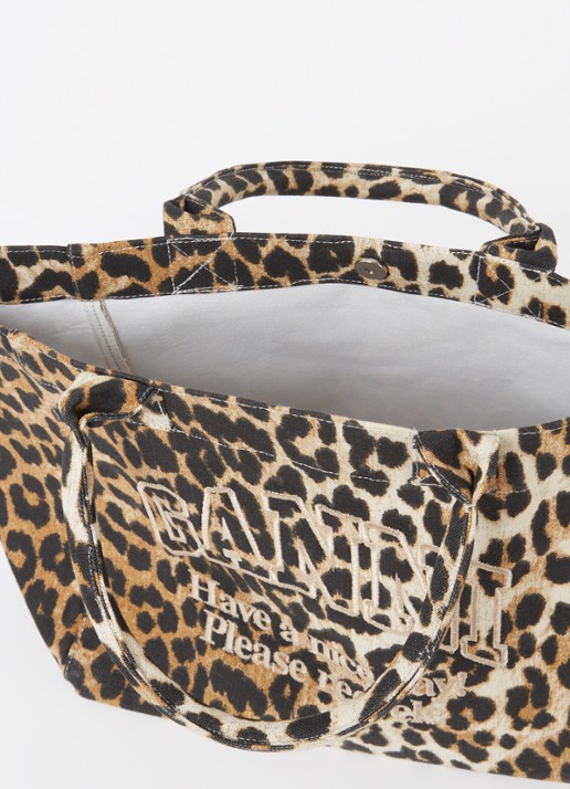 Ganni Small Easy shopper met panterprint en logoborduring - detail 4 camel