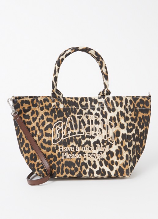 Ganni Small Easy shopper met panterprint en logoborduring - voorkant camel
