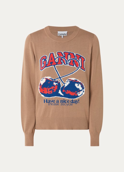 Ganni Sweater met ingebreide logoprint - voorkant 3 camel