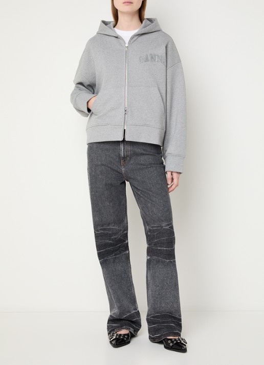Ganni Sweatvest met logoborduring en capuchon - voorkant 2 grijs