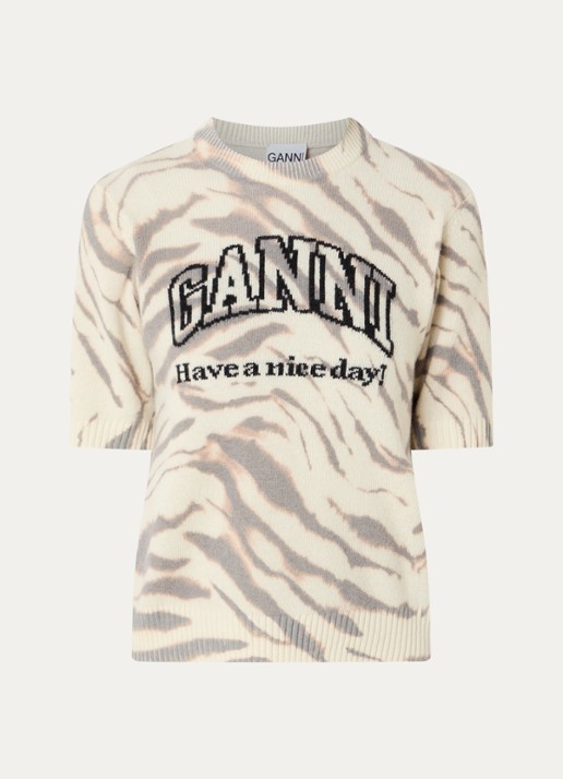 Ganni T-shirt in wolblend met ingebreid logo - voorkant 3 ivoor