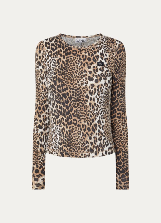 Ganni Top met panterprint en logoborduring - voorkant 3 beige