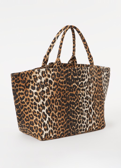 Ganni XXL shopper van canvas met panterprint en logoborduring - achterkant bruin