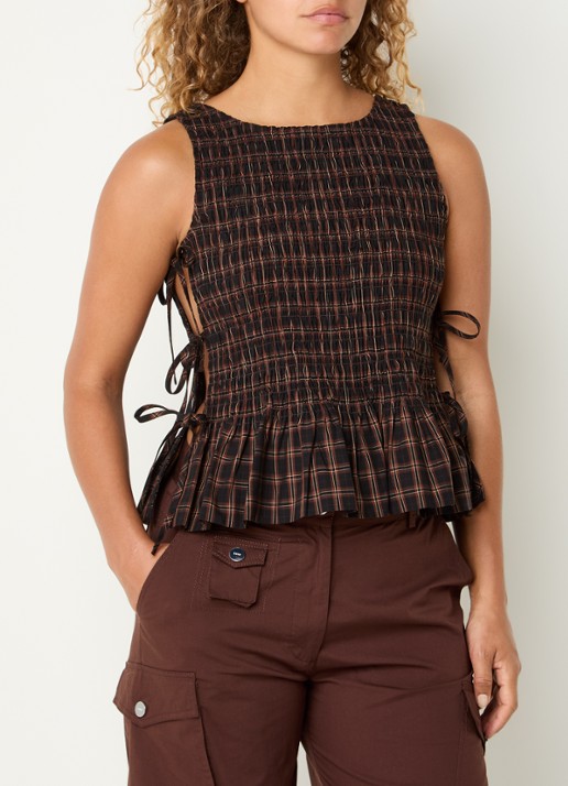 Ganni Yarn top met ruitdessin - detail 3 donkerbruin