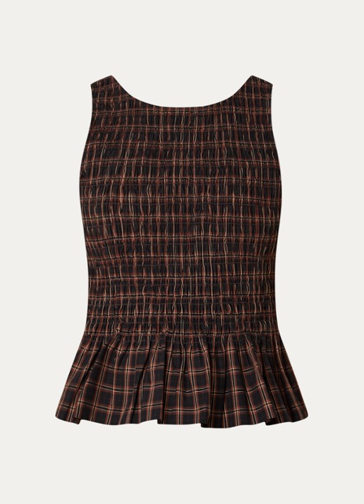 Ganni Yarn top met ruitdessin - voorkant donkerbruin