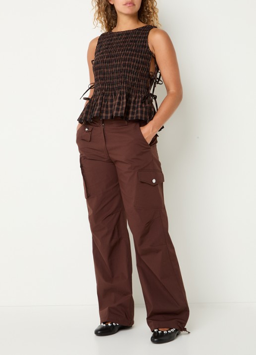 Ganni Yarn top met ruitdessin - voorkant 2 donkerbruin