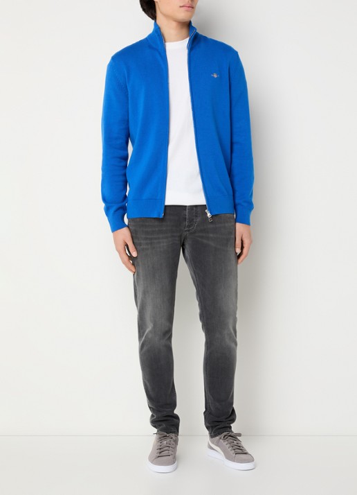 Gant Fijngebreid vest met logoborduring - voorkant 3 donkerblauw