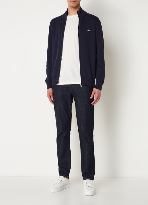 Gant Fijngebreid vest met logoborduring - voorkant 4 donkerblauw