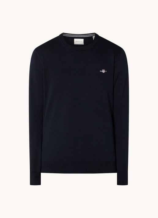 Gant Fijngebreide pullover met logoborduring  - voorkant 2 donkerblauw