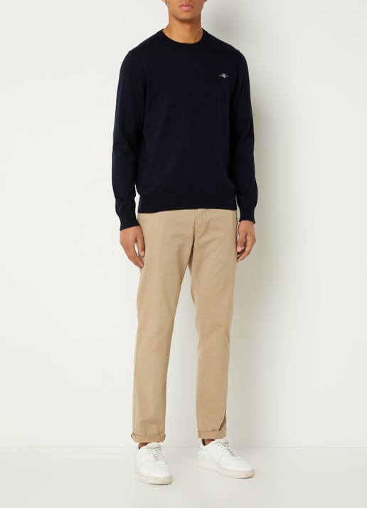 Gant Fijngebreide pullover met logoborduring  - voorkant 3 donkerblauw