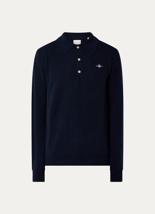 Gant Fijngebreide pullover met polokraag en logoborduring - voorkant 2 donkerblauw