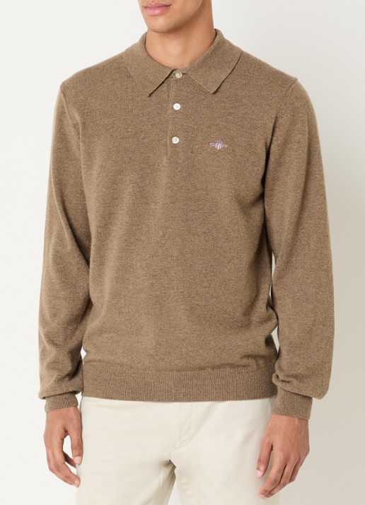 Gant Fijngebreide pullover van lamswol met logoborduring - detail bruin