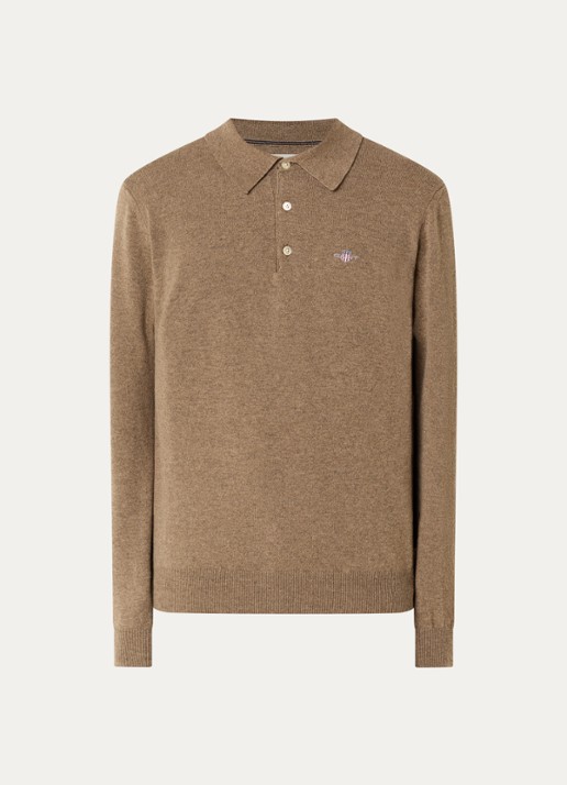 Gant Fijngebreide pullover van lamswol met logoborduring - voorkant 3 bruin