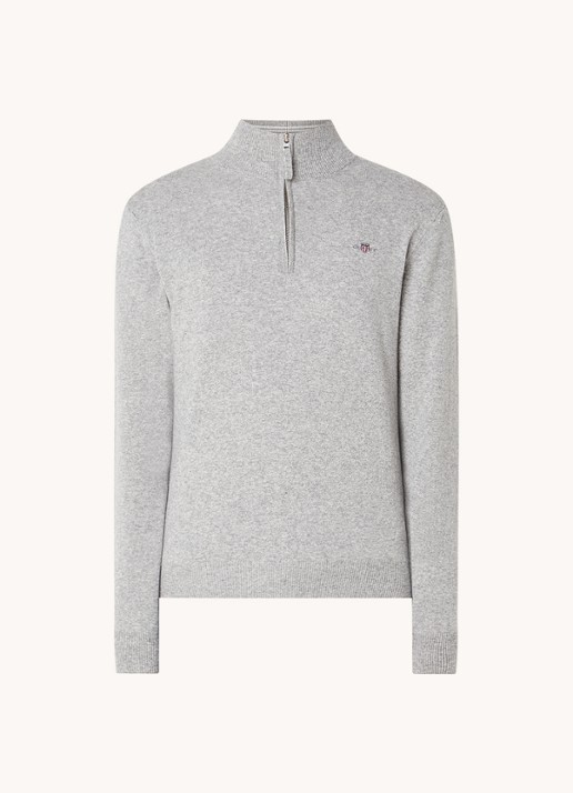 Gant Fijngebreide pullover van wol met halve rits - voorkant 2 grijsmele