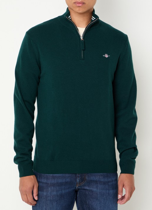 Gant Fijngebreide pullover van wol met halve rits - detail 4 groen