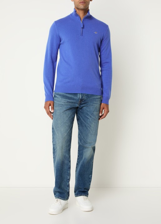 Gant Fijngebreide pullover van wol met halve rits - voorkant 3 royalblauw