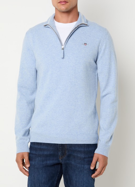 Gant Fijngebreide pullover van wol met halve rits - detail 3 lichtblauw