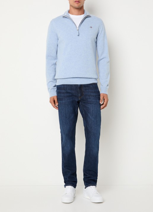 Gant Fijngebreide pullover van wol met halve rits - voorkant 2 lichtblauw