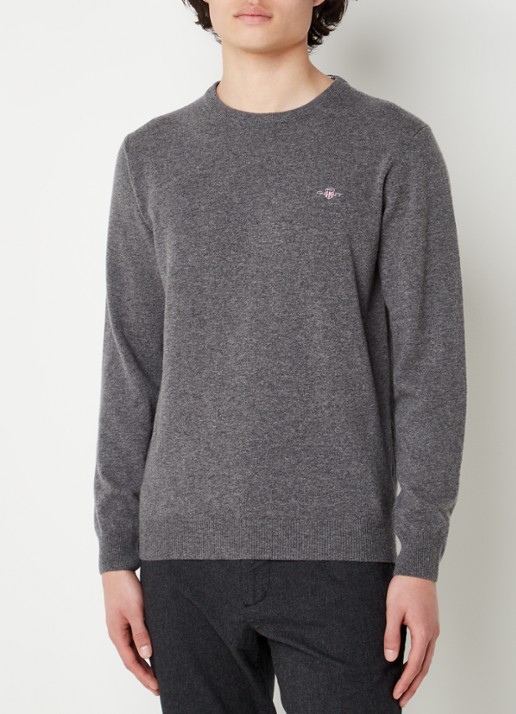 Gant Fijngebreide pullover van wol met logoborduring - detail donkergrijs