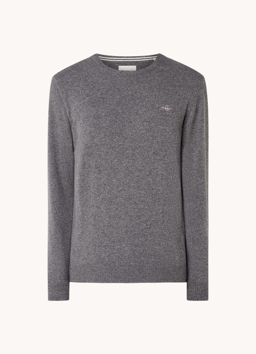 Gant Fijngebreide pullover van wol met logoborduring - voorkant 3 donkergrijs