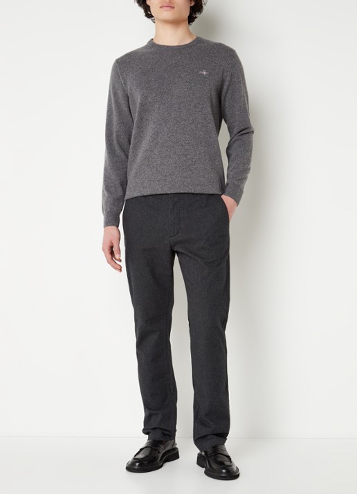 Gant Fijngebreide pullover van wol met logoborduring - voorkant 4 donkergrijs