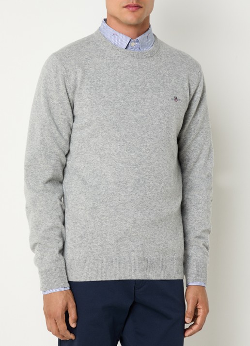 Gant Fijngebreide pullover van wol met logoborduring - detail 3 grijsmele