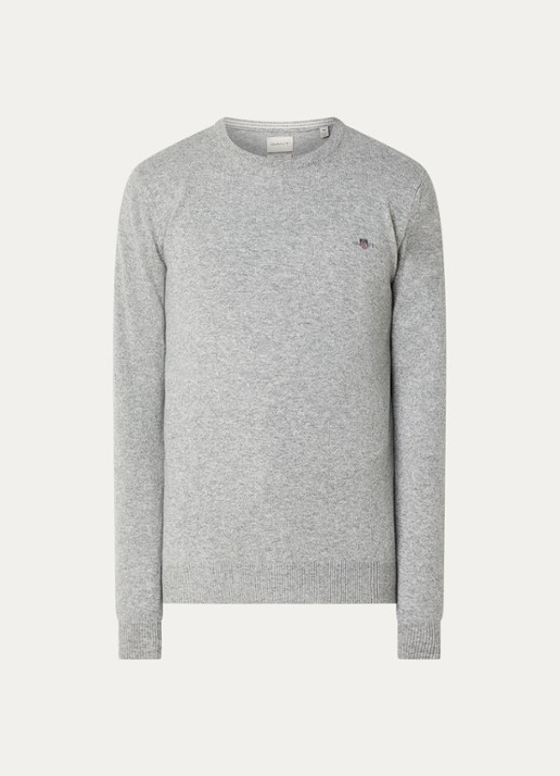 Gant Fijngebreide pullover van wol met logoborduring - voorkant grijsmele