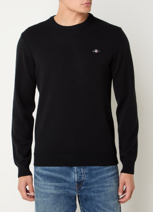 Gant Fijngebreide pullover van wol met logoborduring - detail 3 zwart