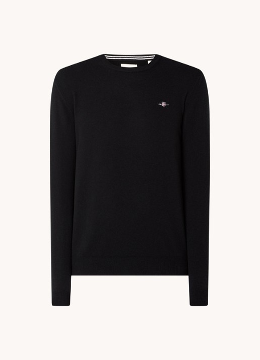 Gant Fijngebreide pullover van wol met logoborduring - voorkant zwart