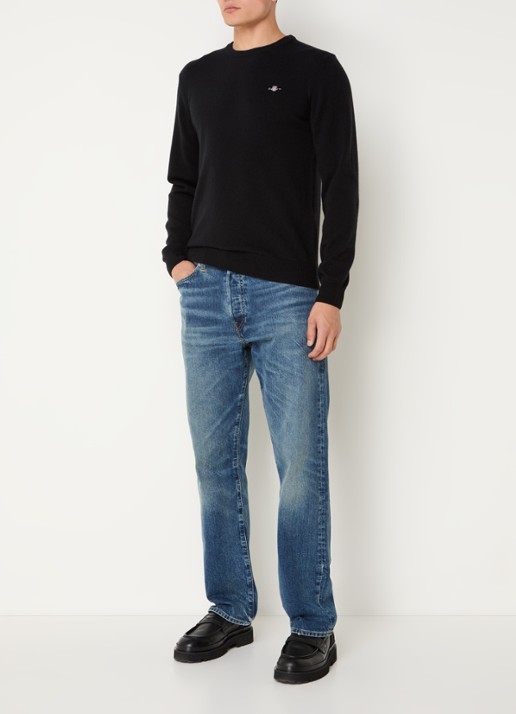 Gant Fijngebreide pullover van wol met logoborduring - voorkant 2 zwart