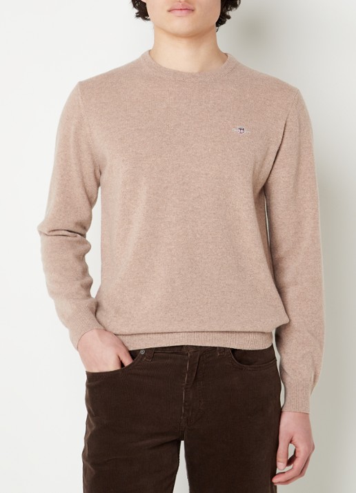 Gant Fijngebreide pullover van wol met logoborduring - detail 3 zand