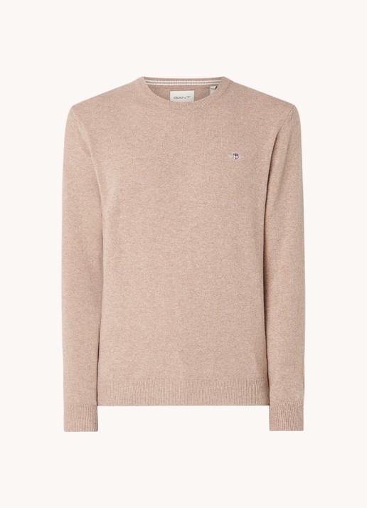 Gant Fijngebreide pullover van wol met logoborduring - voorkant zand