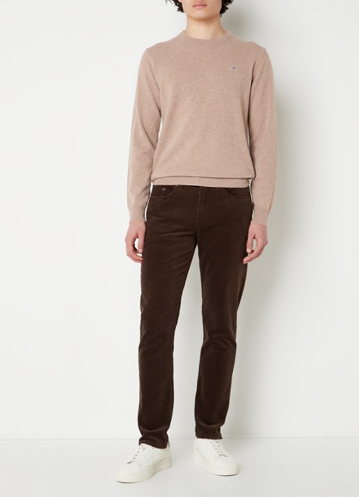 Gant Fijngebreide pullover van wol met logoborduring - voorkant 2 zand