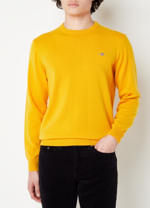 Gant Fijngebreide pullover van wol met logoborduring - detail donkergeel