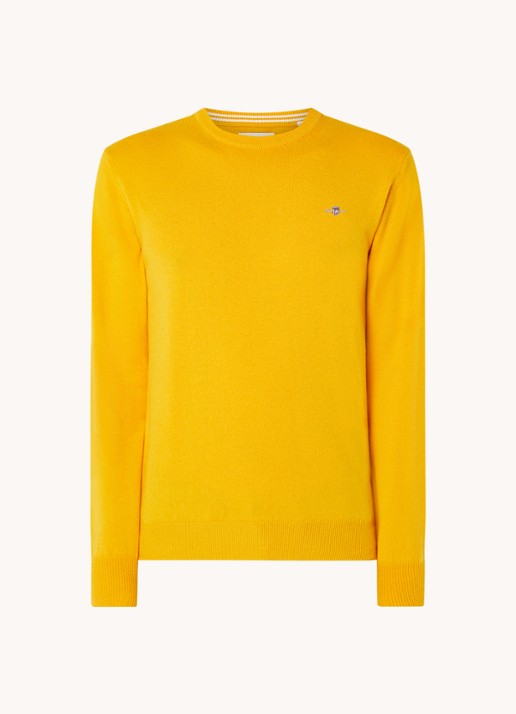 Gant Fijngebreide pullover van wol met logoborduring - voorkant 2 donkergeel