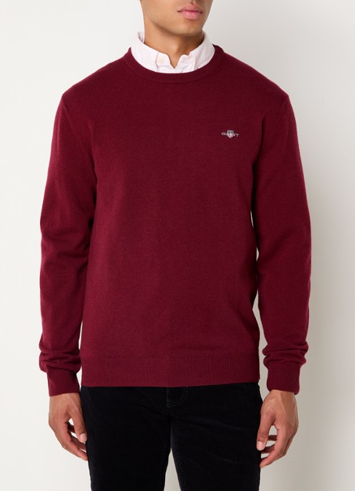 Gant Fijngebreide pullover van wol met logoborduring - detail donkerrood