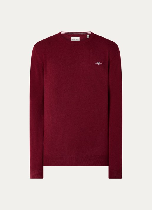 Gant Fijngebreide pullover van wol met logoborduring - voorkant 2 donkerrood