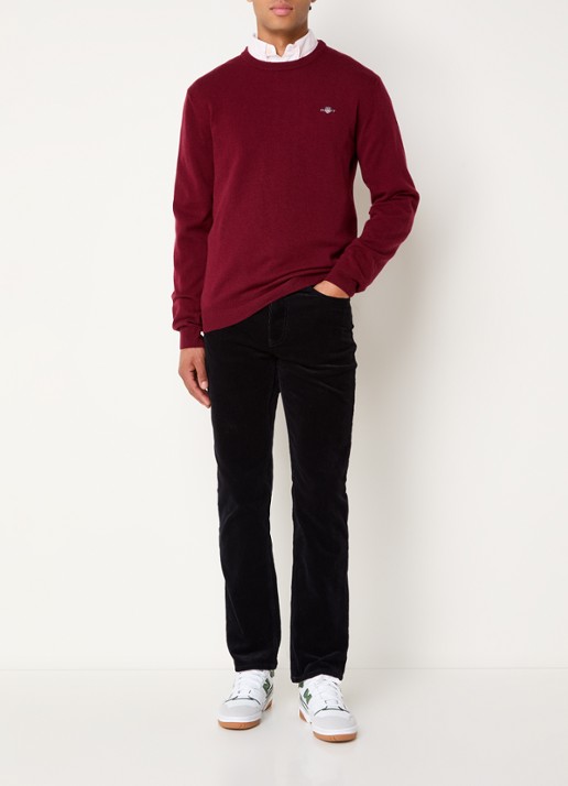 Gant Fijngebreide pullover van wol met logoborduring - voorkant 3 donkerrood