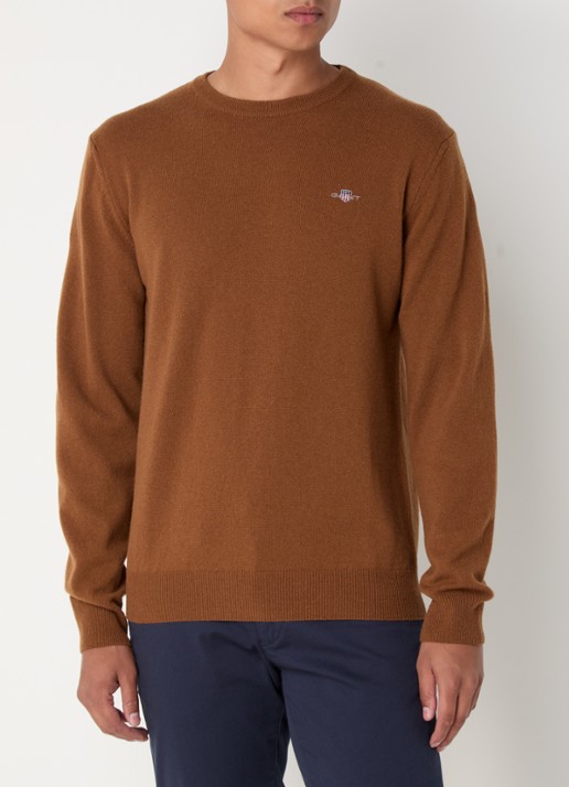 Gant Fijngebreide pullover van wol met logoborduring - detail chocoladebruin