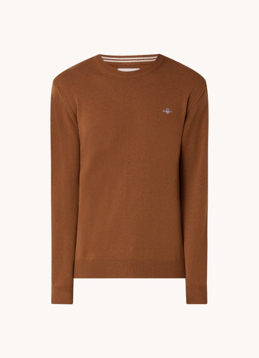 Gant Fijngebreide pullover van wol met logoborduring - voorkant 3 chocoladebruin
