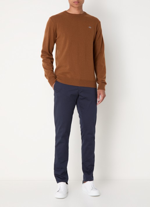 Gant Fijngebreide pullover van wol met logoborduring - voorkant 4 chocoladebruin