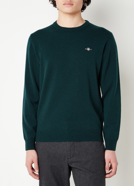 Gant Fijngebreide pullover van wol met logoborduring - detail groen