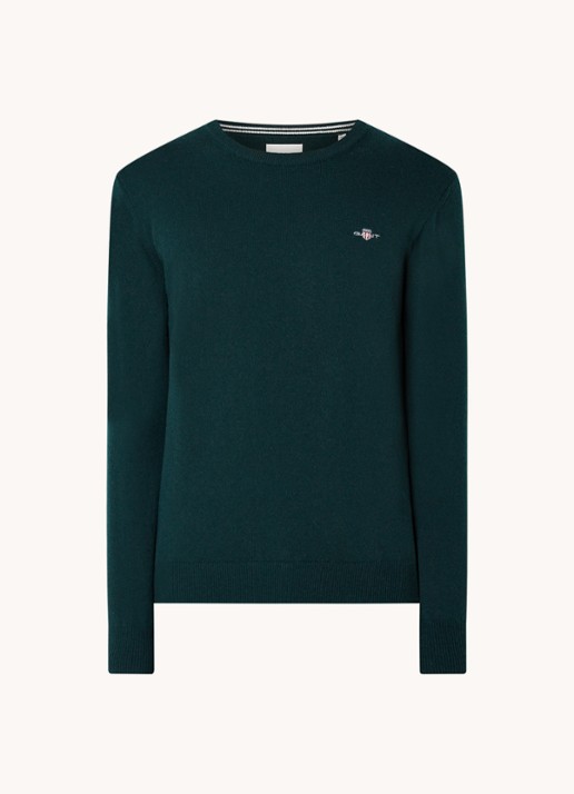 Gant Fijngebreide pullover van wol met logoborduring - voorkant 3 groen