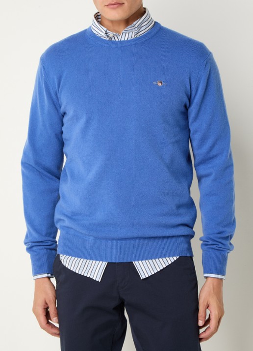 Gant Fijngebreide pullover van wol met logoborduring - detail 3 blauw