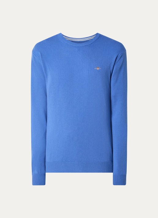 Gant Fijngebreide pullover van wol met logoborduring - voorkant blauw